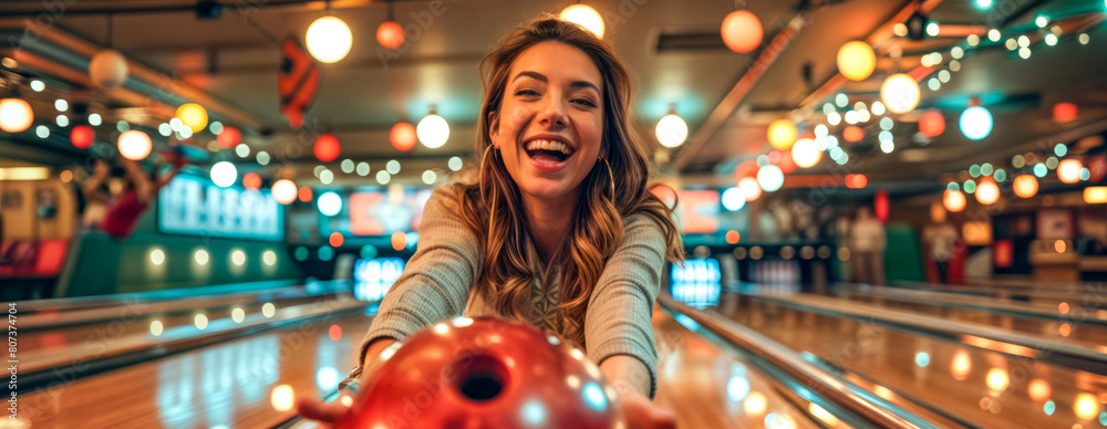 A woman is bowling and smiling A woman is bowling and smiling