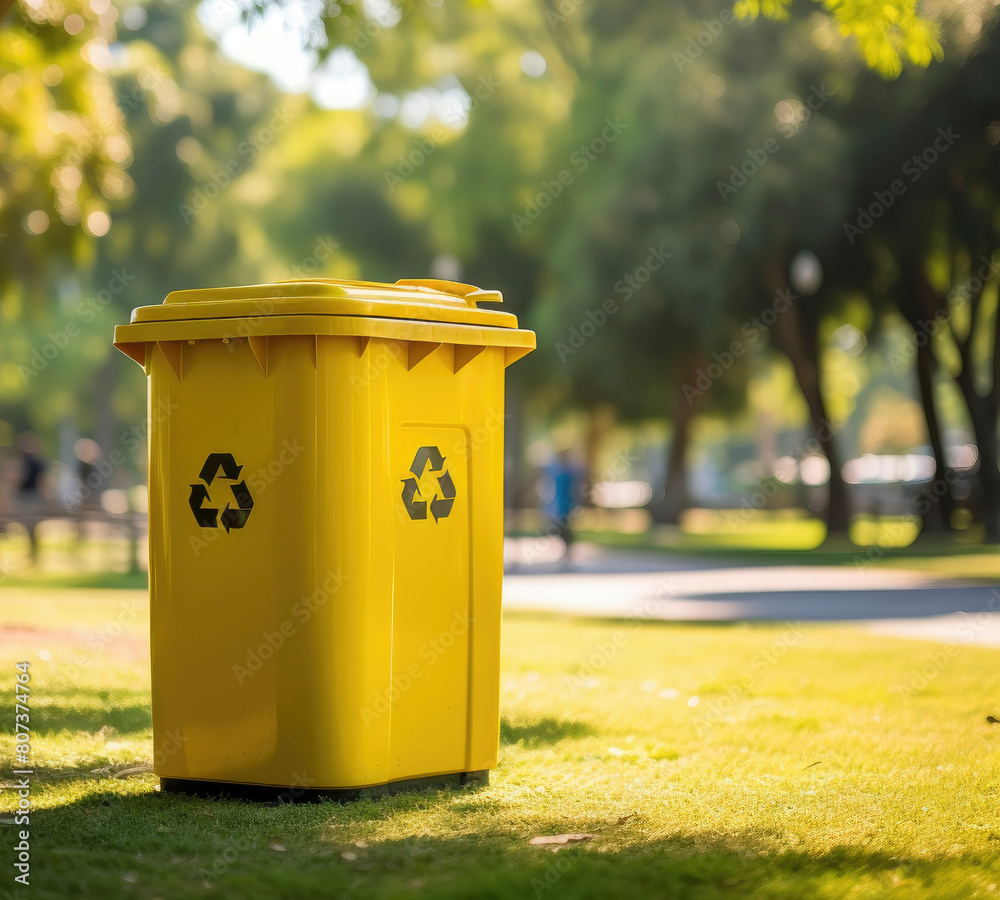 Yellow recycling container, blurred background, close up Yellow recycling container, blurred background, close up