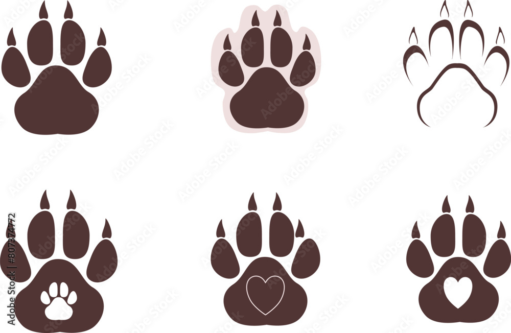 Fototapeta premium Set of illustrations with an imprint of a dog paw print with a heart.