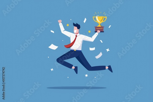 A man in a suit and tie holding a trophy, ideal for business success concepts
