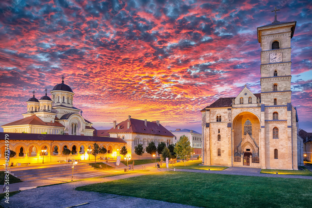 Amazing cityscape with Coronation Orthodox and Roman Catholic cathedrals inside fortified Alba Carolina Fortres