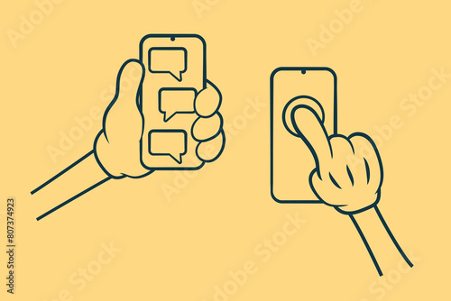 Mobile phone in the hands. Cartoon hands holding smartphone and taping on the touchscreen. © AndS