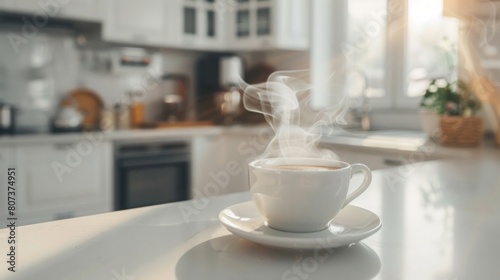 White ceramic cup with hot coffee tea on saucer stands on white table against the background of kitchen in the apartment. Smoke rises from cup, cup of coffee for breakfast. Generative AI