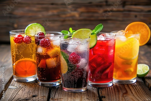 Row of glasses filled with different types of drinks. Suitable for beverage concept