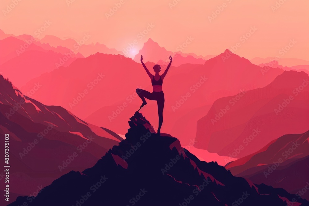 A woman standing on top of a mountain with her arms raised. Suitable for inspirational and motivational concepts