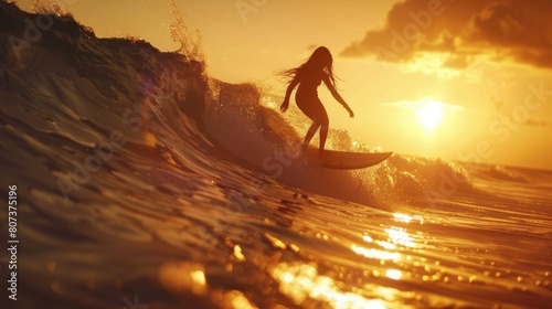 A woman riding a wave on top of a surfboard. Perfect for sports and summer vacation concepts © Fotograf
