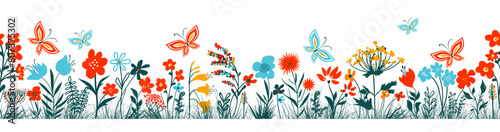 Horizontal grass headers seamless pattern. Cute simple flowers and butterflies in the grass. hand drawing. Not AI, Vector illustration.