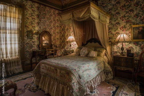 Victorian Bedroom with Canopy Bed and Floral Wallpaper