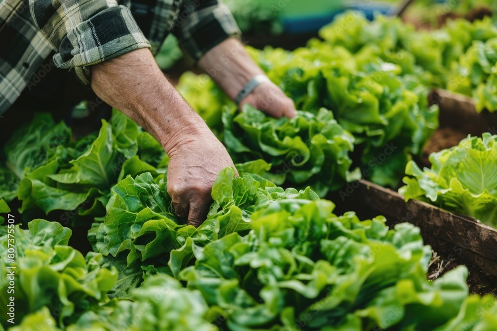 Close up of a person harvesting lettuce, suitable for agriculture concepts Close up of a person harvesting lettuce, suitable for agriculture concepts