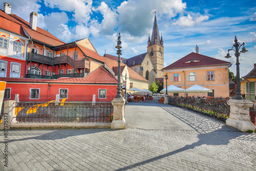 Amazing View of Evangelical Cathedral and the Liars Bridge in the center of Sibiu city. photo