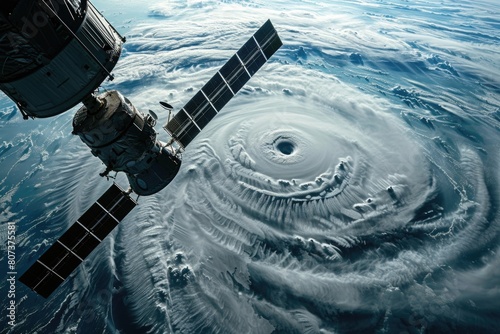 A satellite view of a hurricane in the ocean. Suitable for weather forecasting