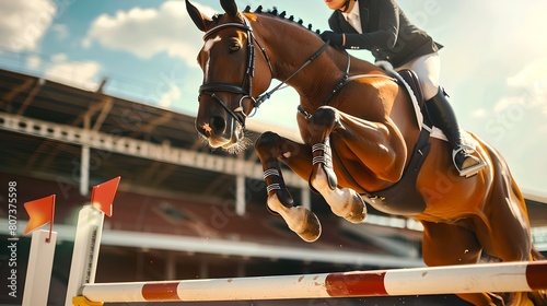 Equestrian Show Jumping in Action at a Sunny Outdoor Event. Athletic Horse and Rider Make a High Jump. Exciting Sports Photography with Dynamic Movement. AI photo