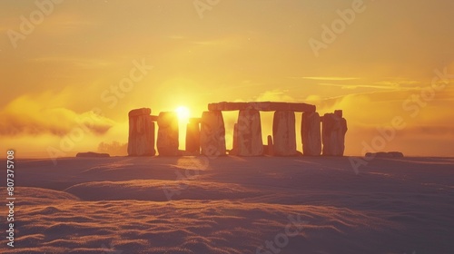 Stonehenge monument with sunset in snowy landscape. Suitable for travel and historical concepts photo