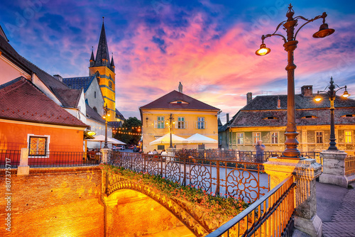 Amazing View of Evangelical Cathedral and the Liars Bridge in the center of Sibiu city. photo