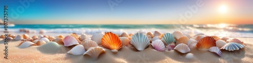 Abstract background the setting sun casts a golden glow over the sandy beach, where seashells lie scattered, creating a mesmerizing spectacle by the ocean's edge.