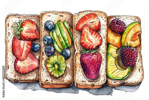 Fresh fruit slices on three pieces of bread, perfect for healthy breakfast concept