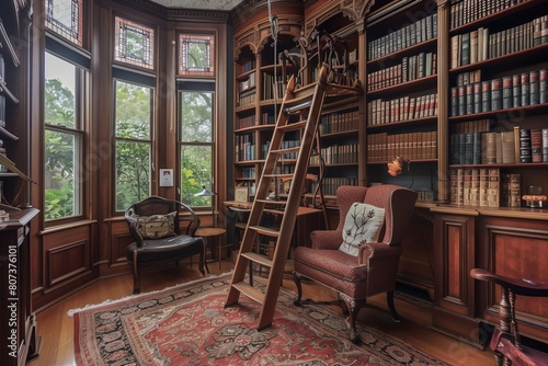 Victorian Home Library with Floor-to-Ceiling Bookshelves and Vintage Ladder