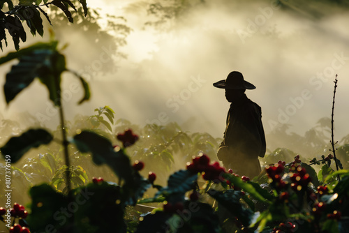 Farmer or picker working at his coffee farm, only blurred silhouette visible against morning sunlight, red berries growing on bushes in foreground. Generative AI