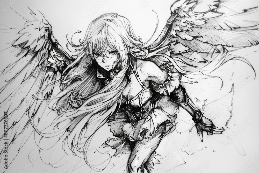 A beautiful angel depicted in a black and white drawing, suitable for various design projects A beautiful angel depicted in a black and white drawing, suitable for various design projects