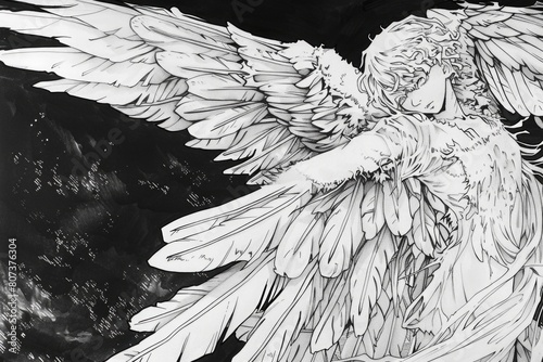 Simple and elegant black and white drawing of an angel. Perfect for religious or spiritual themes