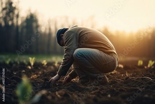 Asian oriental farmers plant vegetables in the patch seedbed fields.Hard work of agriculturists nurturing the land for a bountiful harvest. Agricultural farm  growing greenery for community Soft Focus