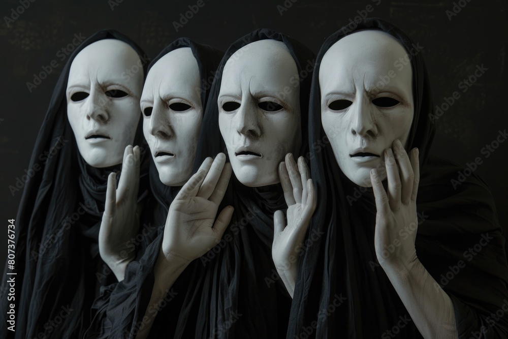 Three white masks covering their faces, suitable for various concepts Three white masks covering their faces, suitable for various concepts