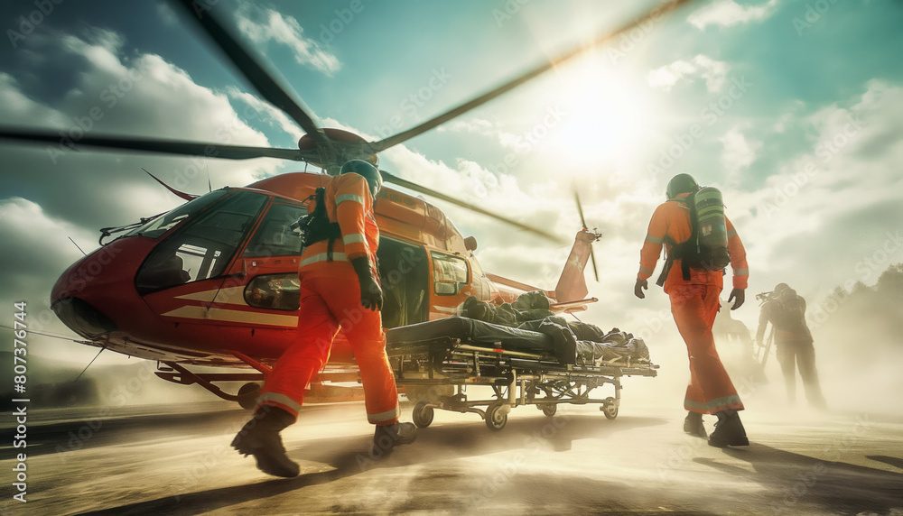 Paramedics in orange uniforms getting into helicopter near. Some motion blur to emphasise action. Generative AI