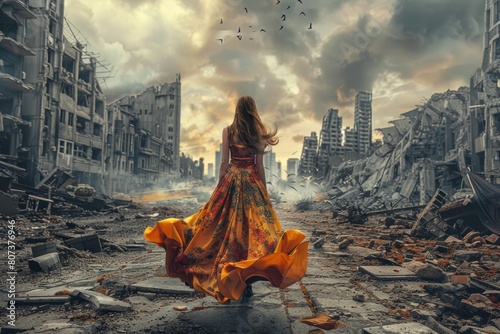 A woman in a flowing dress stands in a destroyed city, birds flying overhead.