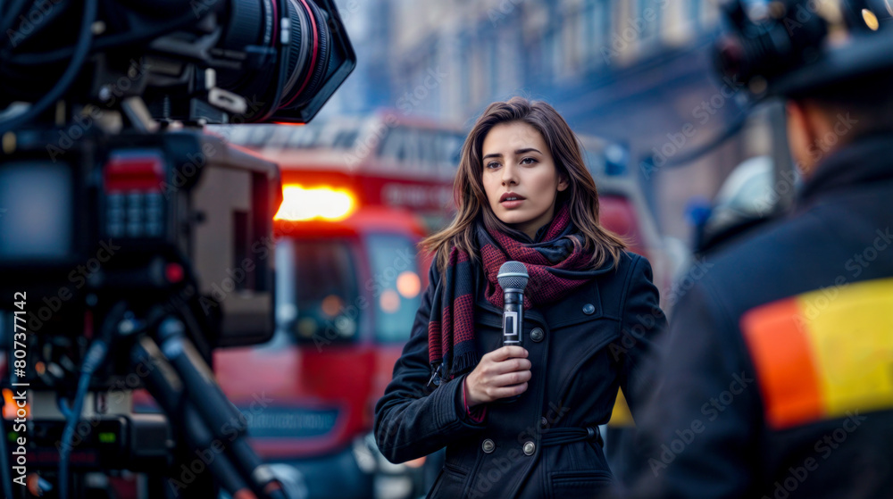 A woman is standing in front of a fire truck and holding a microphone A woman is standing in front of a fire truck and holding a microphone
