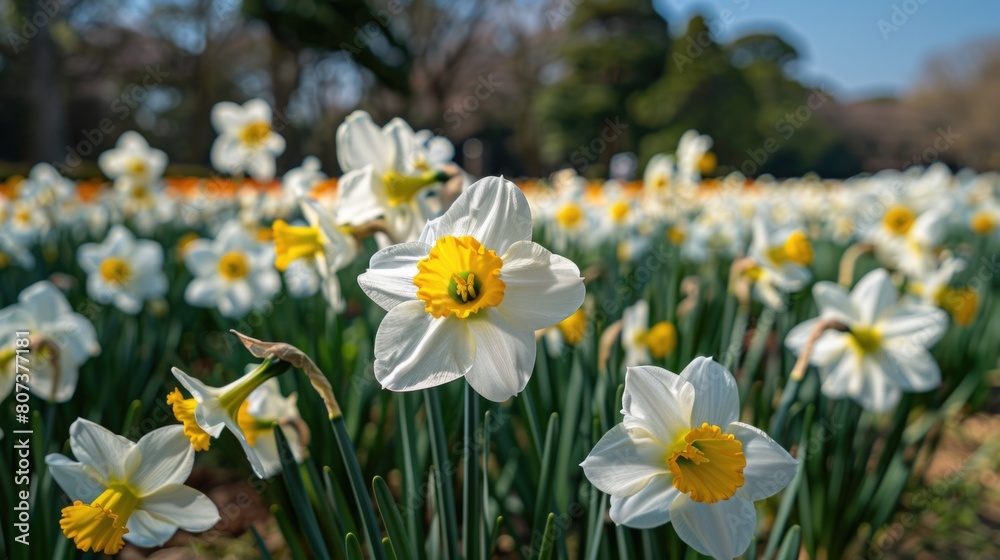 A beautiful field of white and yellow flowers with trees in the background. Suitable for nature and spring themed designs A beautiful field of white and yellow flowers with trees in the background. Suitable for nature and spring themed designs