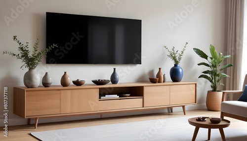 A minimalist living room with a wooden bench  a bonsai tree  and a framed artwork on the wall zen