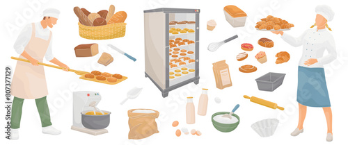 male and female baker in uniform and set elements about baking - bread, flour, electric bread oven, eggs, milk, croissant, donuts, baked goods, dough mixer, bowls