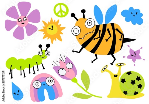 Cartoon summer print set bee and flower and sun and clouds and peace sign