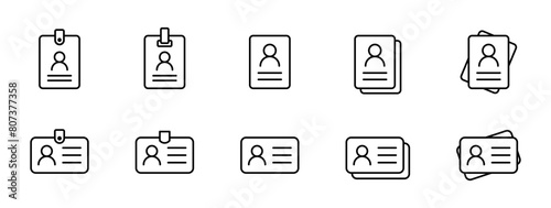 ID card badge outline icon set. Pass, passport document vector icons collection. Vector icons