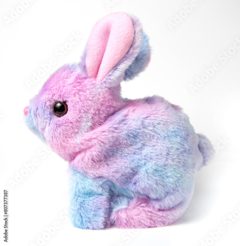 Soft fluffy rabbit toy with long ears, isolated on a white background