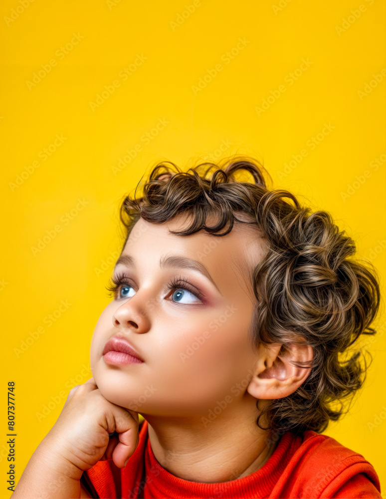 A young boy with brown hair and blue eyes is looking up at the camera