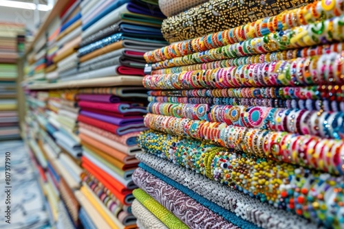Colorful fabrics neatly stacked in a store, perfect for textile and fashion concepts