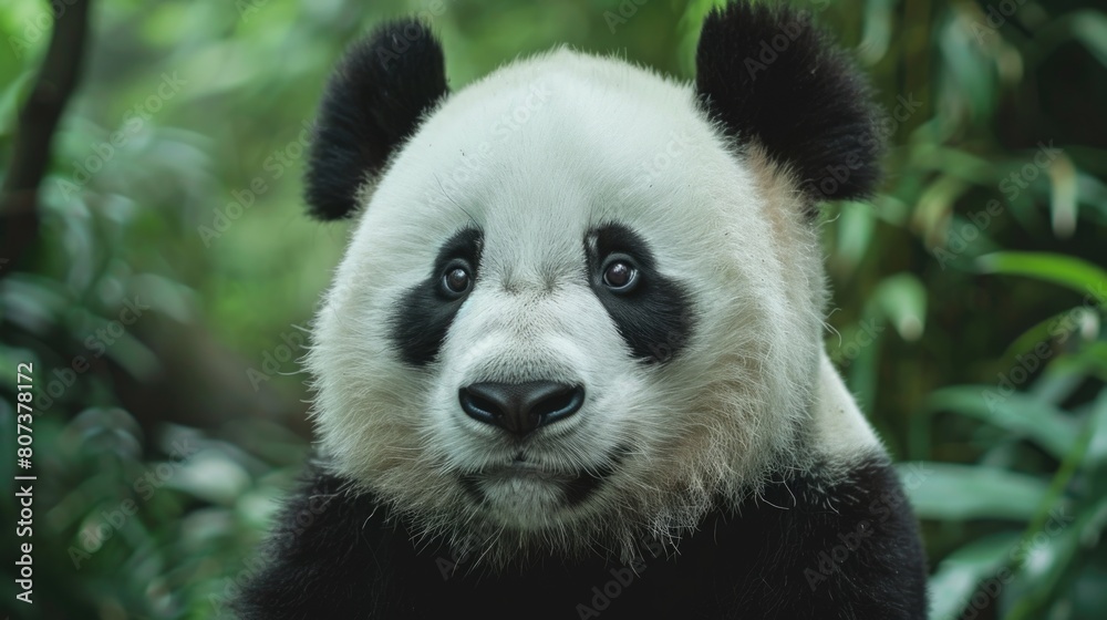 Close-up of a panda bear in a forest, suitable for nature and wildlife concepts Close-up of a panda bear in a forest, suitable for nature and wildlife concepts