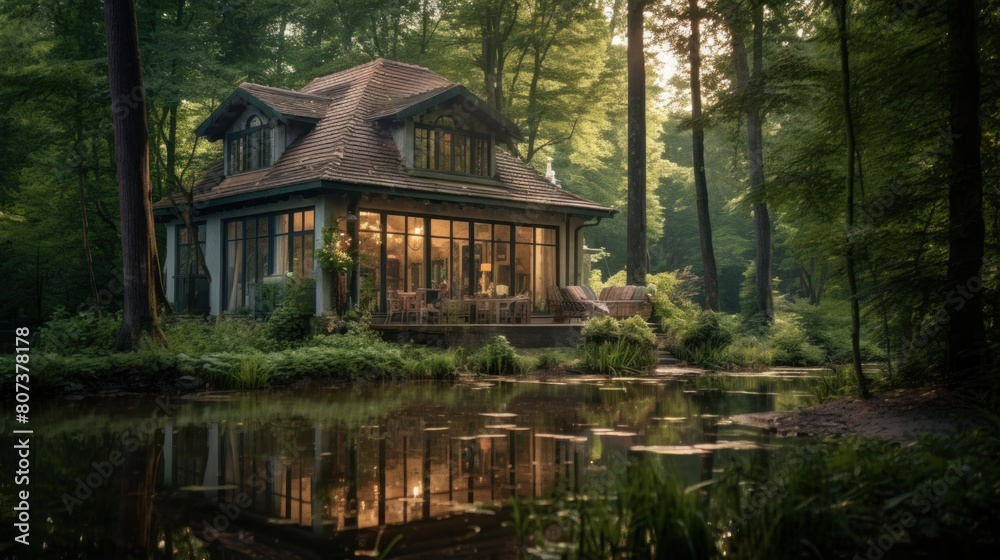 natural scenery with a beautiful house with large windows located in a dense forest.AI generated image natural scenery with a beautiful house with large windows located in a dense forest.AI generated image