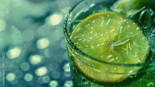 Lime slice in a glass of water, perfect for refreshing summer drink ads