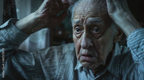 An image of an elderly man looking stressed and holding his head in his hands. Suitable for illustrating mental health issues