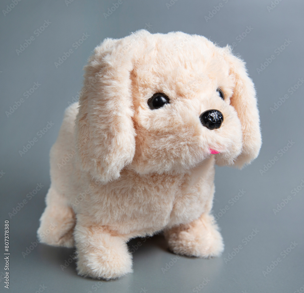 A stuffed dog toy. Cute toy puppy shot on a gray background A stuffed dog toy. Cute toy puppy shot on a gray background
