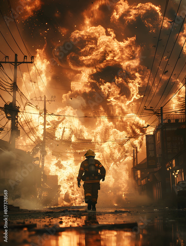 A fireman battles the flames in a world of smoke and heat