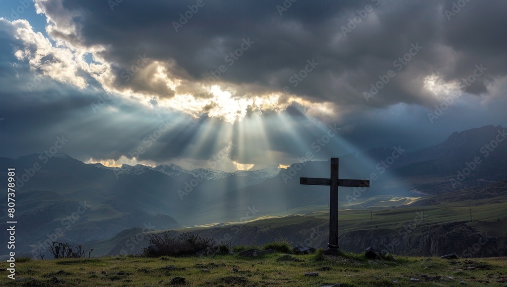 The cross is silhouetted against the sky, with rays of sunlight shining through dark clouds and mountains in the background Generative AI The cross is silhouetted against the sky, with rays of sunlight shining through dark clouds and mountains in the background Generative AI