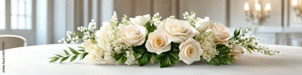Obraz premium Elegant bridal bouquet featuring a lush arrangement of fresh white flowers and delicate greenery, symbolizing pure love and joy.