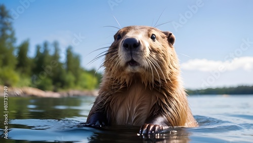 beaver swimming in the river photo