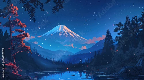Majestic mountain overlooking a serene lake in a lush valley embraced by a pine forest in a whimsical fantasy landscape.
Seamless looping 4k time-lapse virtual video animation background. Generated AI photo