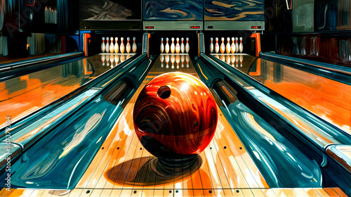 A bowling ball is on the lane in a bowling alley photo