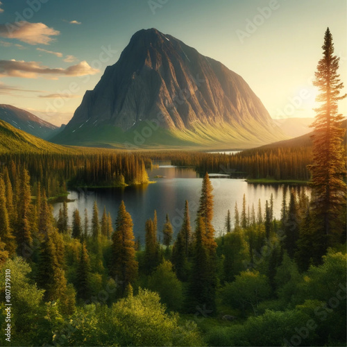 Fictional idyllic place in the morning. 