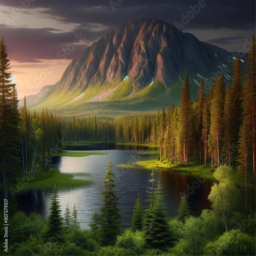 Mountain in front of river. Fictional